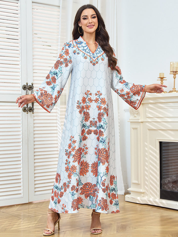 Floral Print V-Neck Maxi Abaya Dress