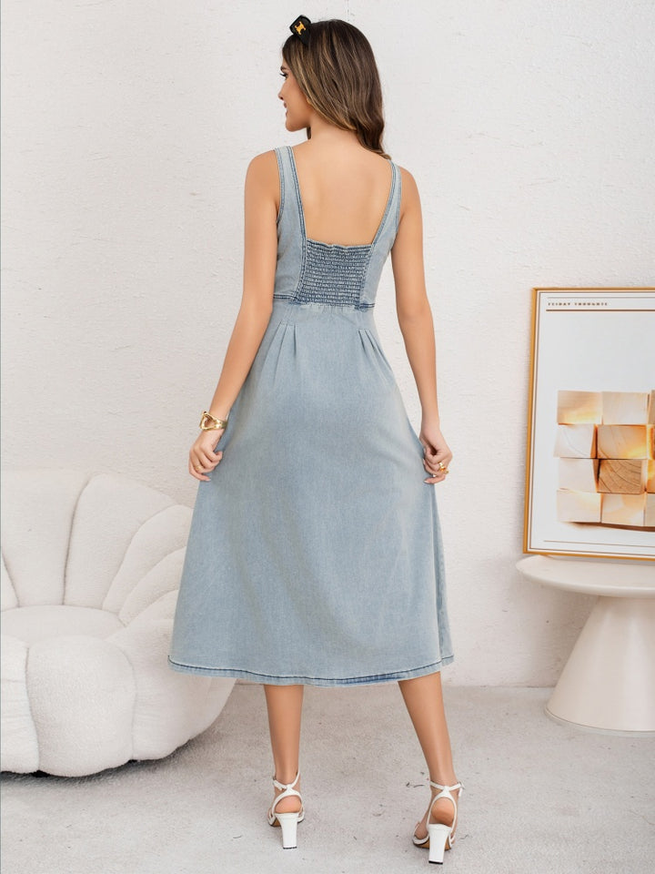 Sleeveless Spaghetti Strap Midi A-Line Denim Dress