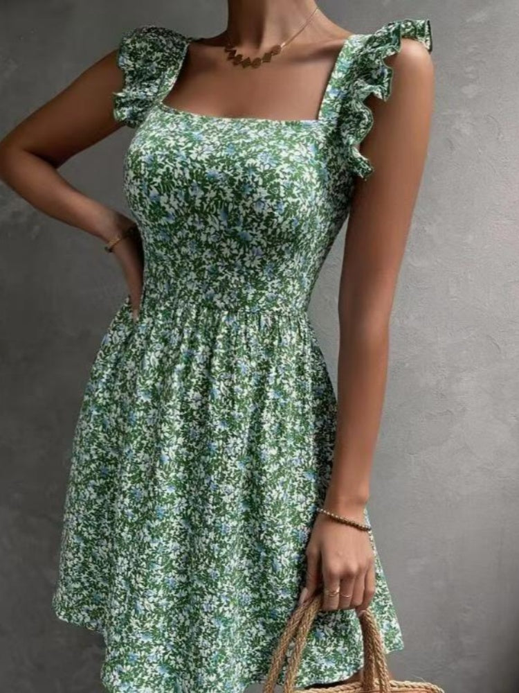 Square Neck Ruffled Sleeve Print Mini Dress