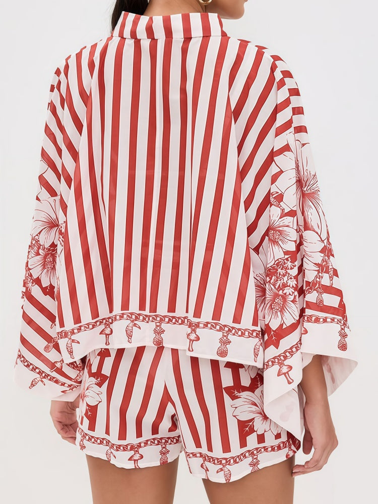 Floral Striped Button-Down Shirt &amp; Shorts Set - Red/White