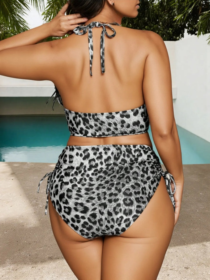 Plus Size Leopard Print Halter Keyhole Ruched Bikini Set