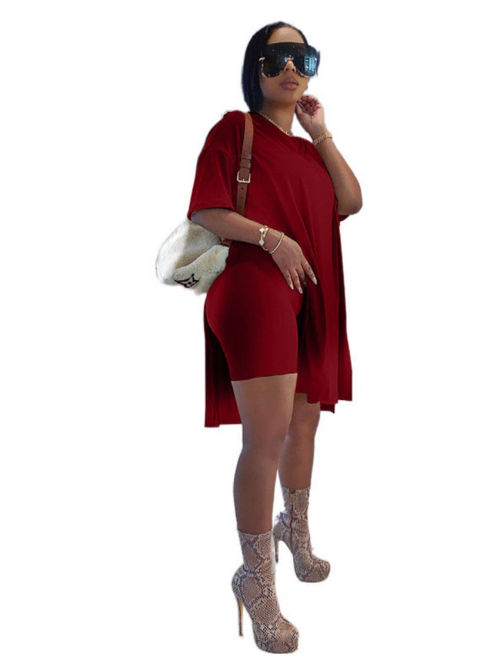 Side-slit long top and shorts two-piece set