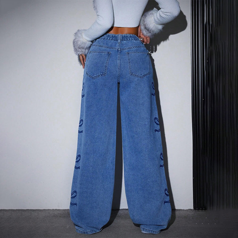 Casual high-waisted butterfly print jeans