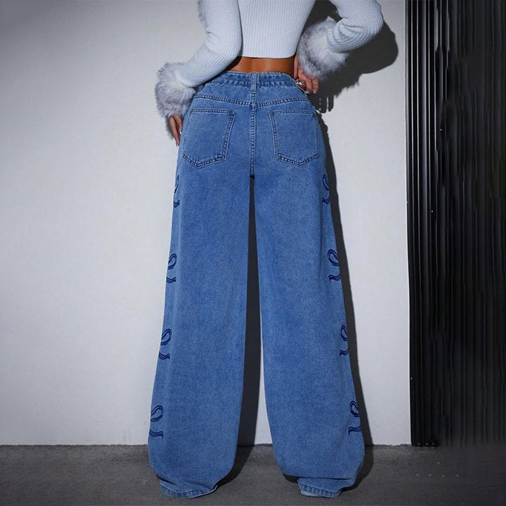 Casual high-waisted butterfly print jeans