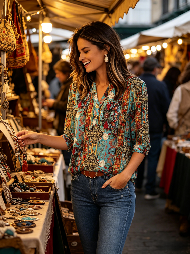 3/4 Sleeve V-Neck Henley Blouse