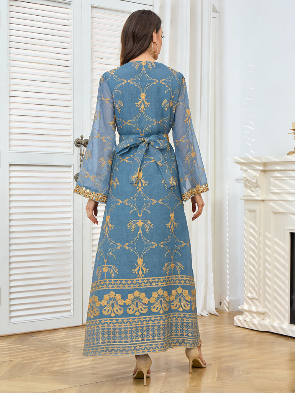 Gold Embroidered &amp; Sequin Formal Abaya Maxi Dress
