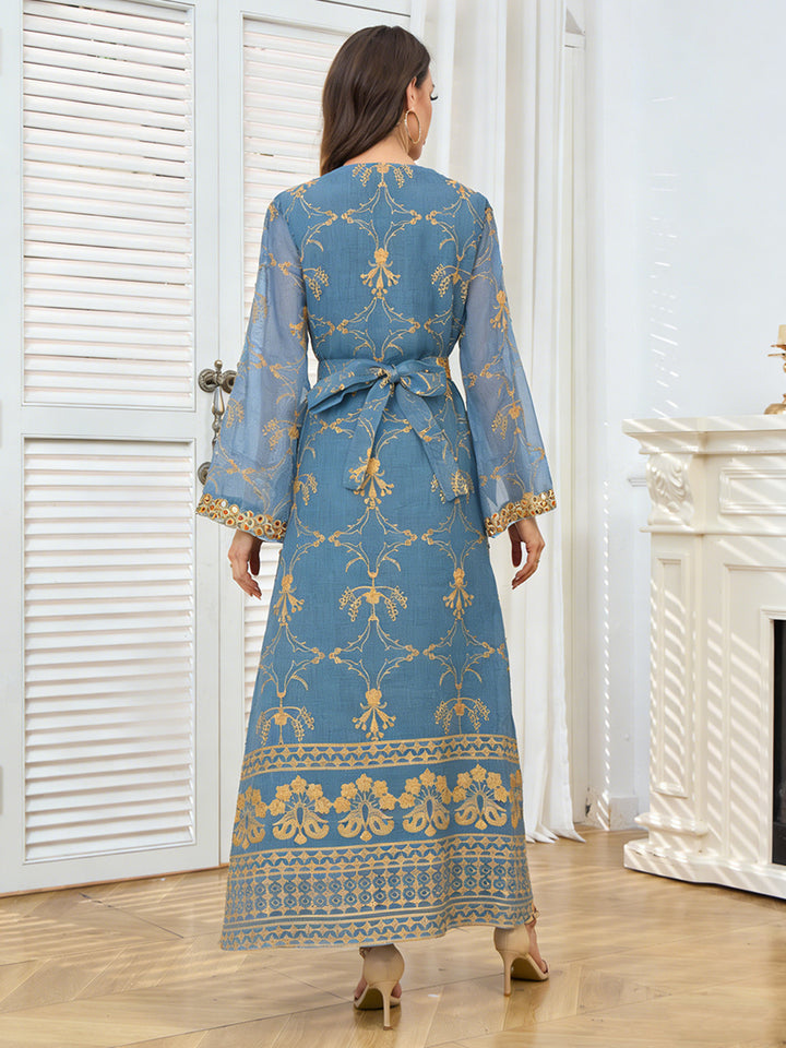 Gold Embroidered &amp; Sequin Formal Abaya Maxi Dress