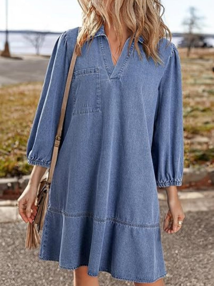 Collared V Neck Puff Sleeve Tiered Denim Midi Dress
