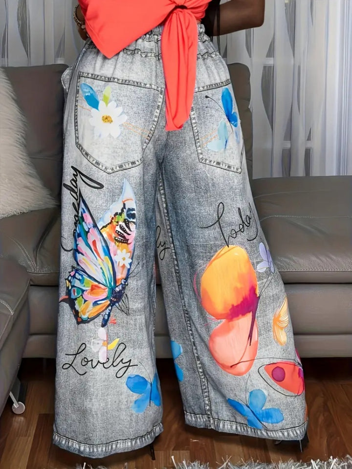 Butterfly Print Wide-Leg Pants | High-Waisted Elastic Waist Casual Trousers