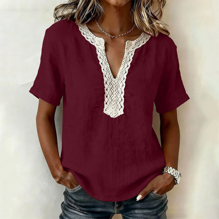 100% Cotton Casual Loose Lace Collar Short-Sleeved Top