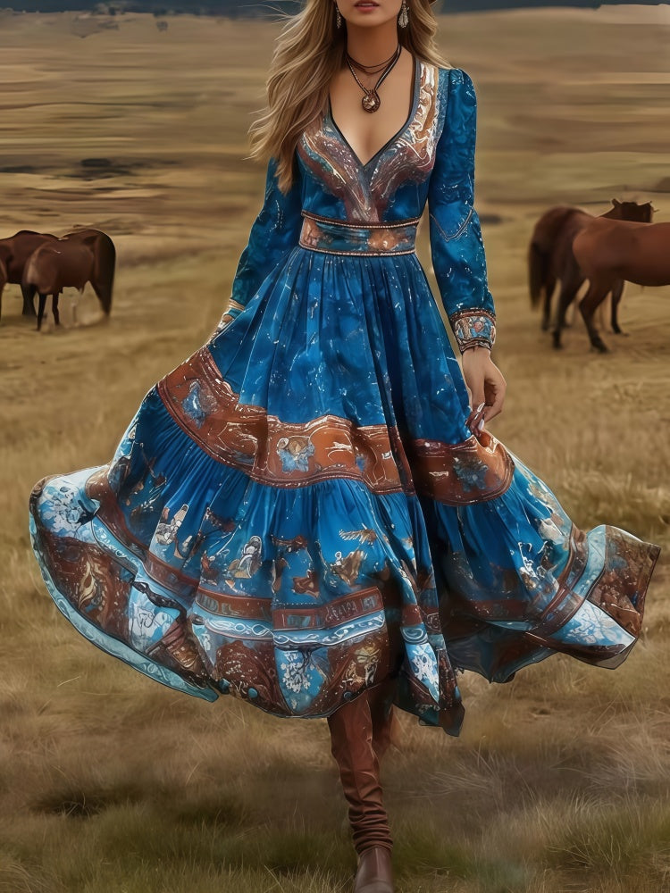 Boho Western Long Sleeve V-Neck Tiered Maxi Dress
