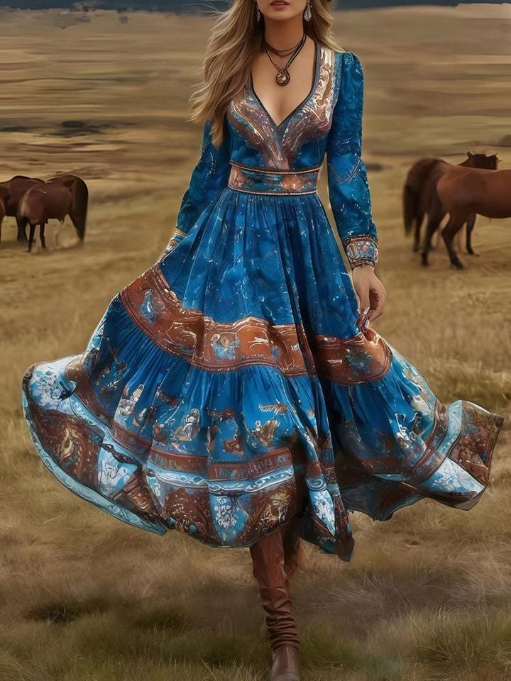 Boho Western Long Sleeve V-Neck Tiered Maxi Dress