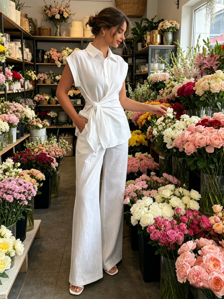 Tie-Waist Sleeveless Shirt &amp; Wide Leg Pants Set