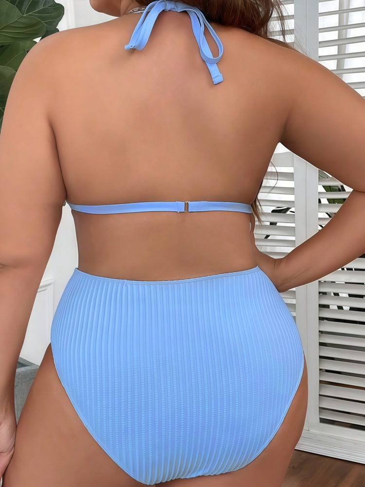 Plus Size Pearl Strap Ribbed Deep V Bikini Set