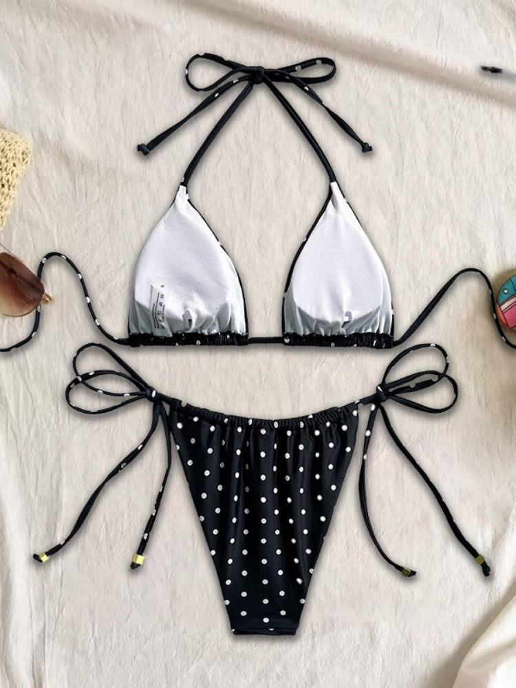 Black Polka Dot Triangle Bikini Set