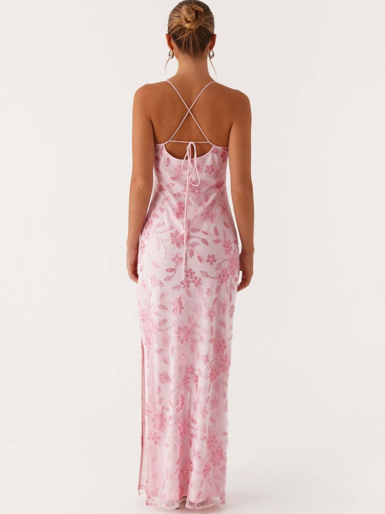 Floral Embroidered Mesh Maxi Dress - Spaghetti Strap Bodycon Evening Gown