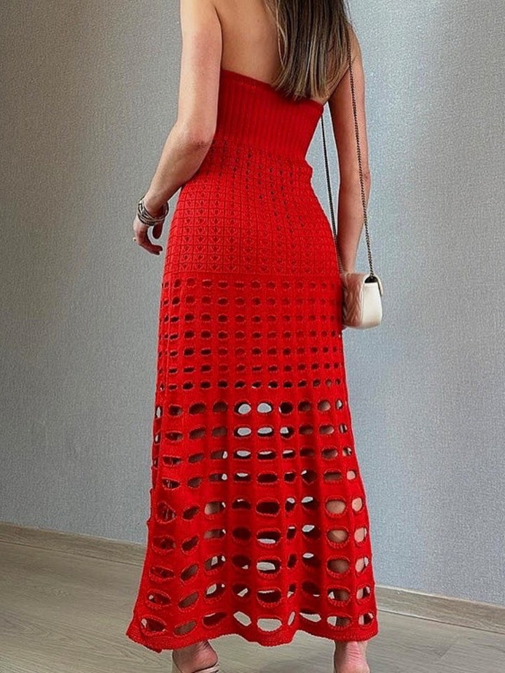 Strapless Crochet Knit Maxi Dress - High Stretch Hollow Out Beach Cover-Up