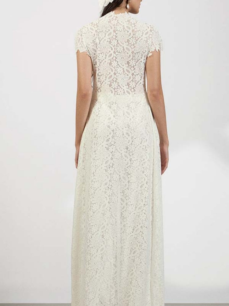 White Lace High Neck Short Sleeve Cutout Maxi Dress