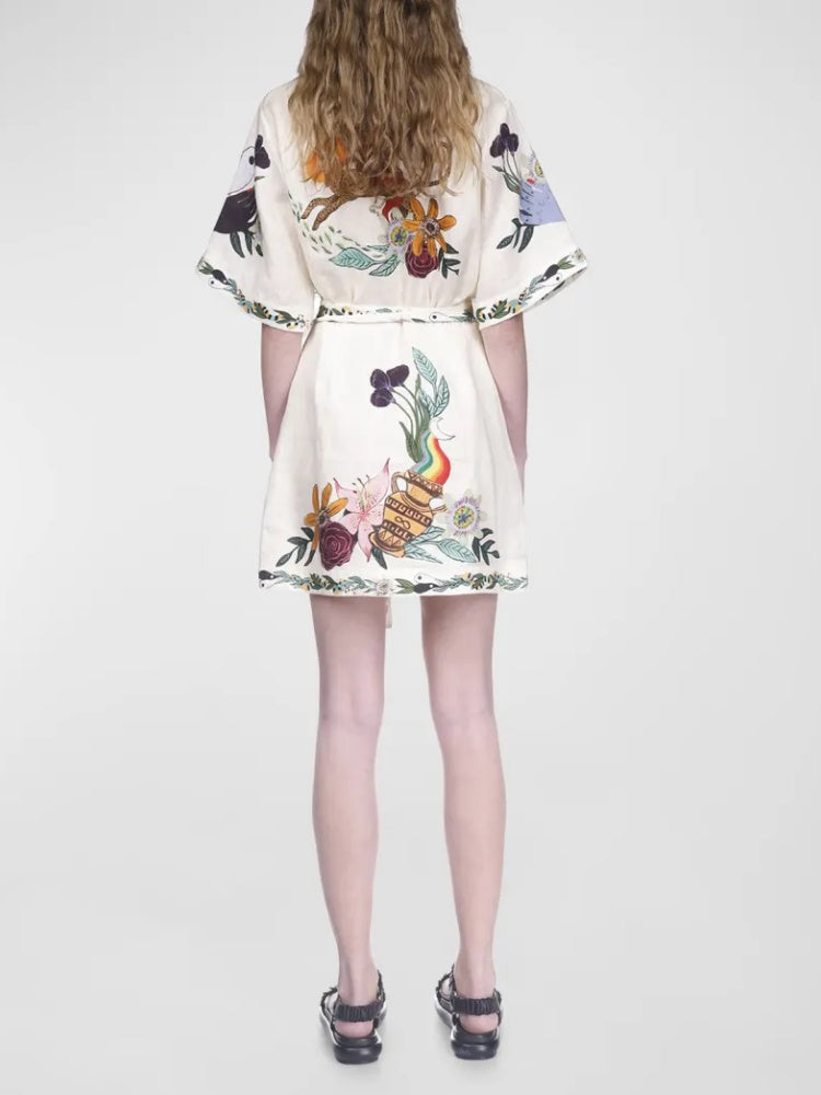 Vintage Marine Print Cotton Linen Shirt Dress - Tie Waist Nautical Mini Dress