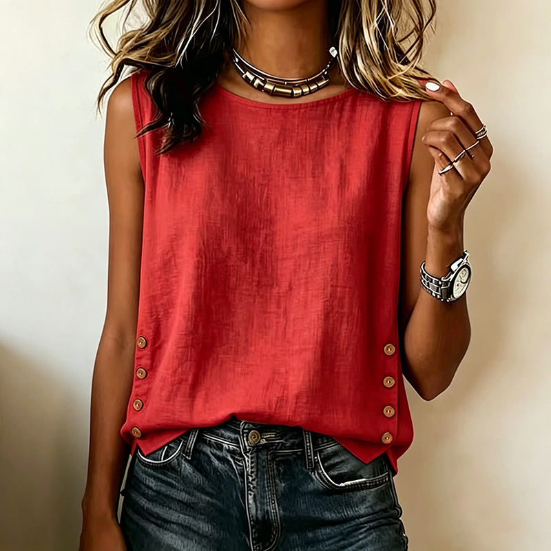 Round neck casual loose button cotton linen solid color T-shirt