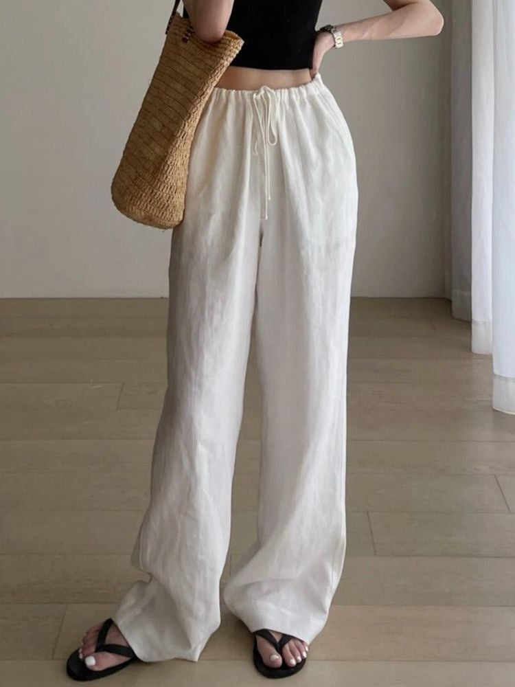 High Waisted Drawstring Wide Leg Linen Pants