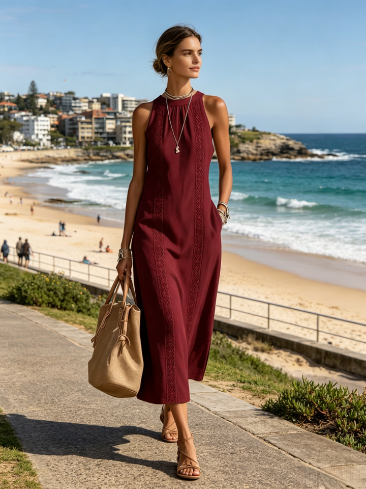 Lace-Trimmed Linen-Blend Halter Neck Midi Dress