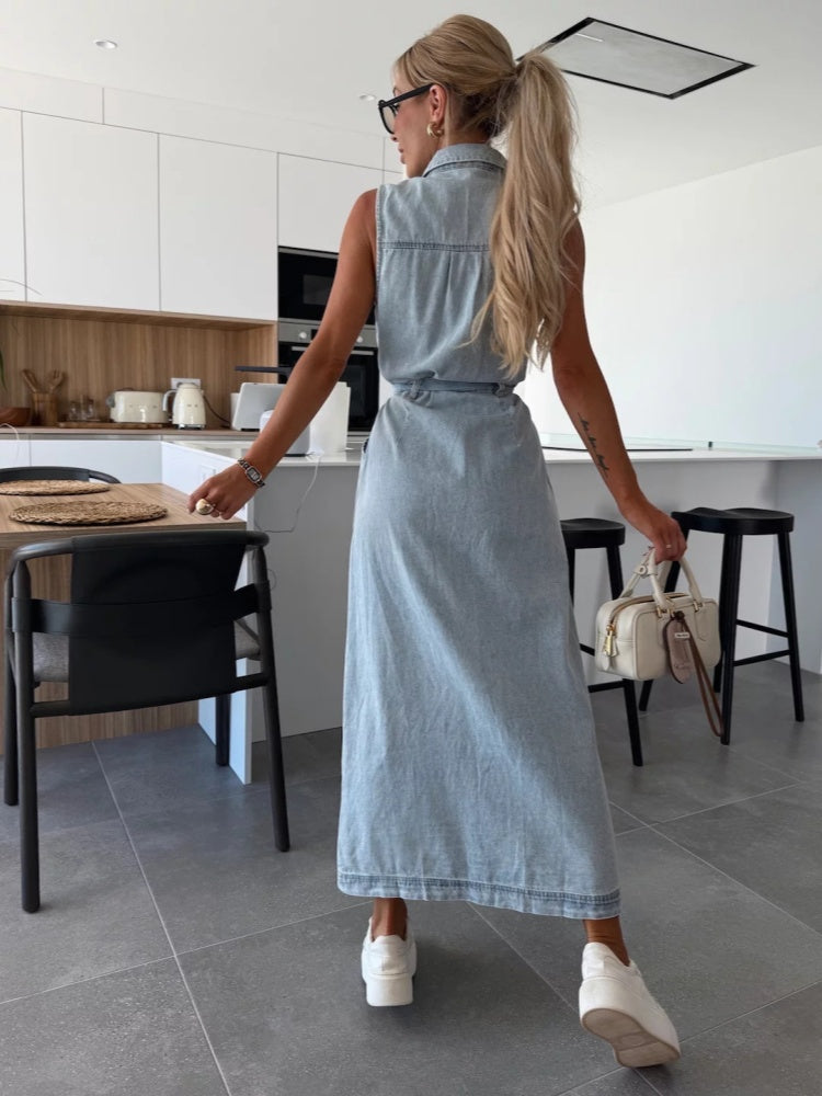 Sleeveless Button-Front Denim Maxi Dress
