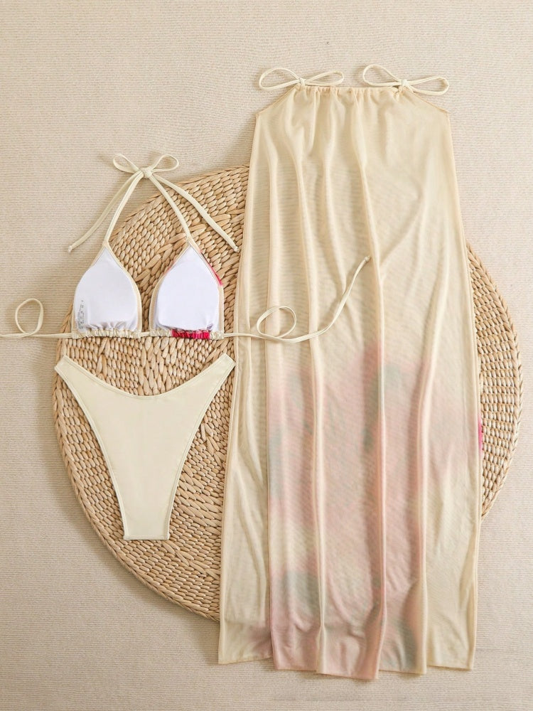 Floral Print Bikini Set with Drawstring Cover Up Skirt