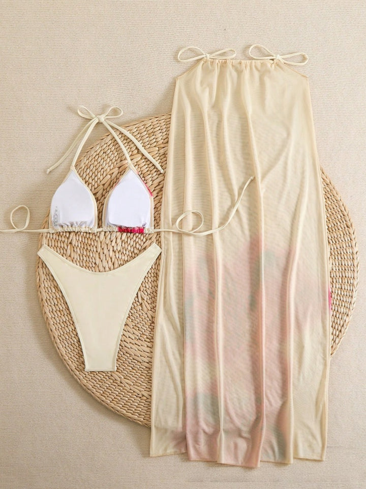 Floral Print Bikini Set with Drawstring Cover Up Skirt