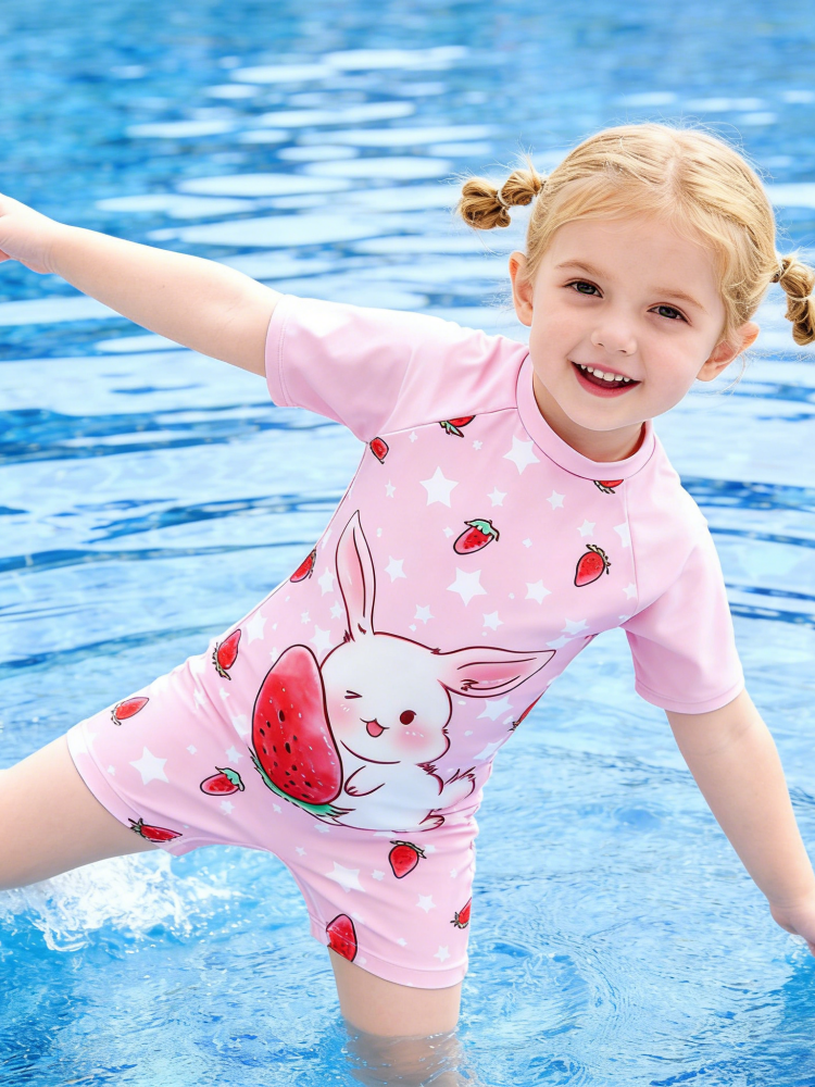 Cute Bunny Kids Swimsuit Set – One-Piece Rash Guard with Cap