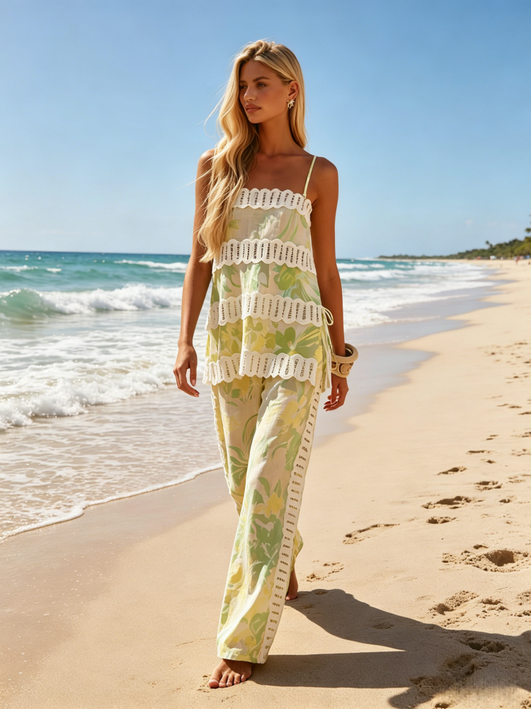 Floral Print Linen Blend Two-Piece Set - Lace Trim Cami Top &amp; Wide Leg Pants Co-ord