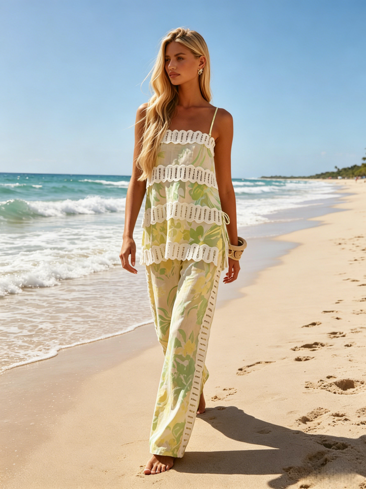 Floral Print Linen Blend Two-Piece Set - Lace Trim Cami Top &amp; Wide Leg Pants Co-ord