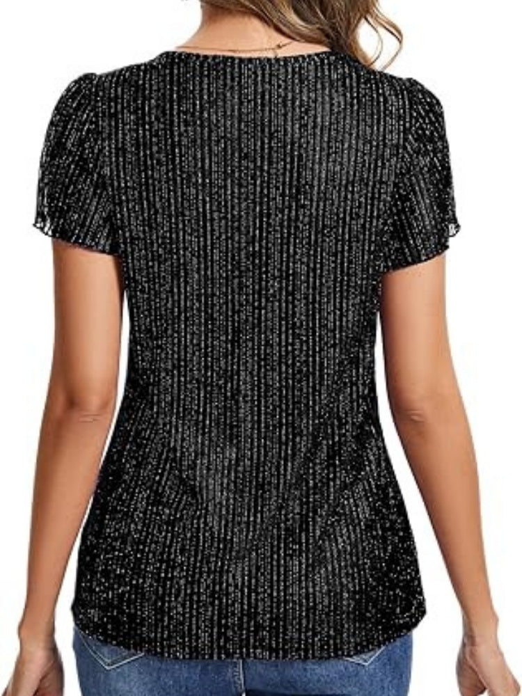 Shiny Pleated V-Neck Flutter Sleeve Top