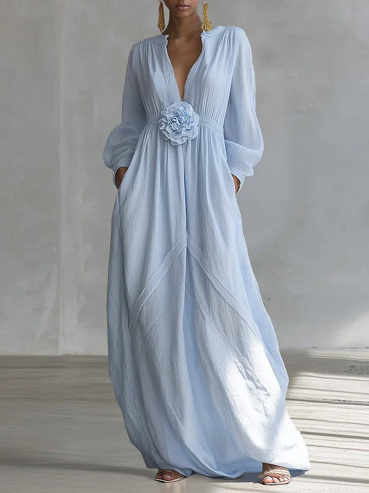 Elegant 3D Floral Cotton Linen Maxi Dress with Resort Style