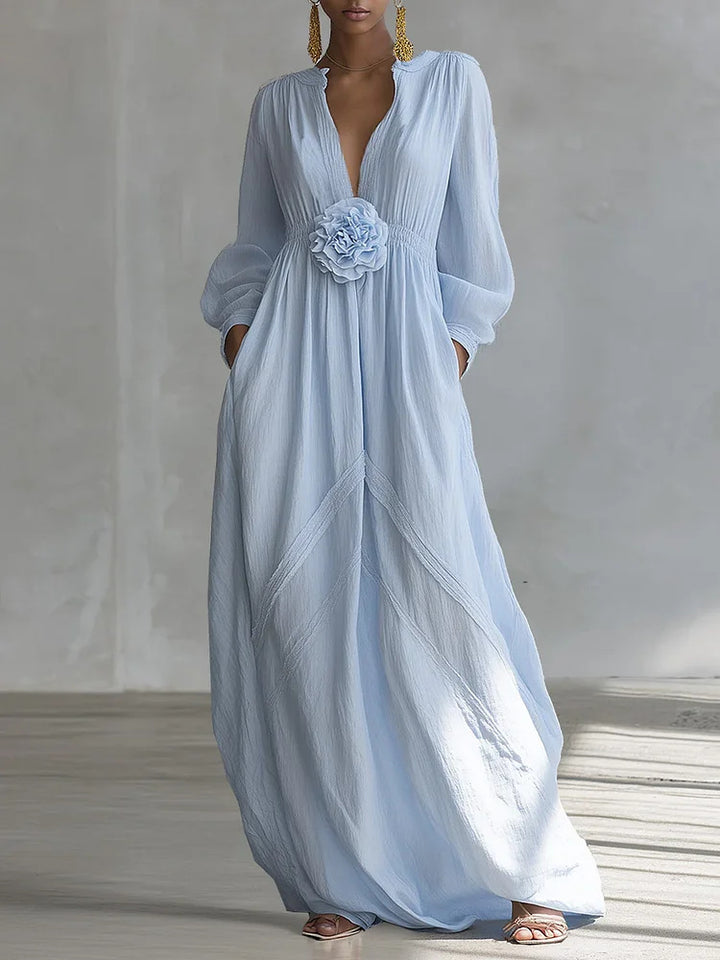 Elegant 3D Floral Cotton Linen Maxi Dress with Resort Style
