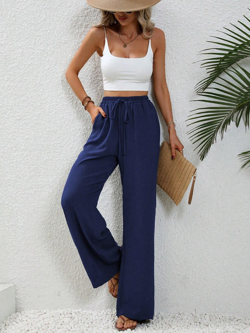 Elastic Waist Drawstring Wide Leg Pants