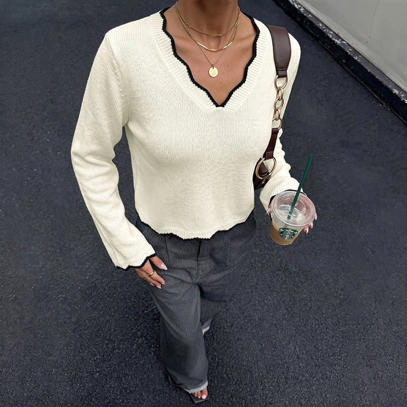 Color-blocked V-neck short-sleeved long-sleeved sweater with wavy trim