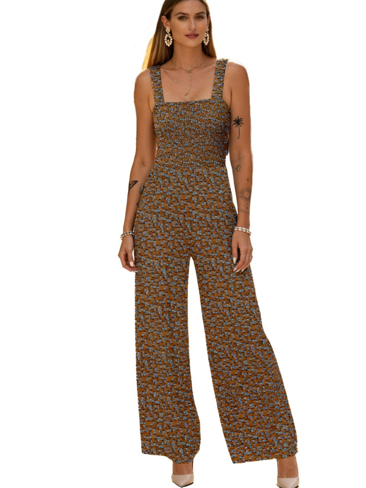 Smocked Square Neck Wide Leg Floral Jumpsuit
