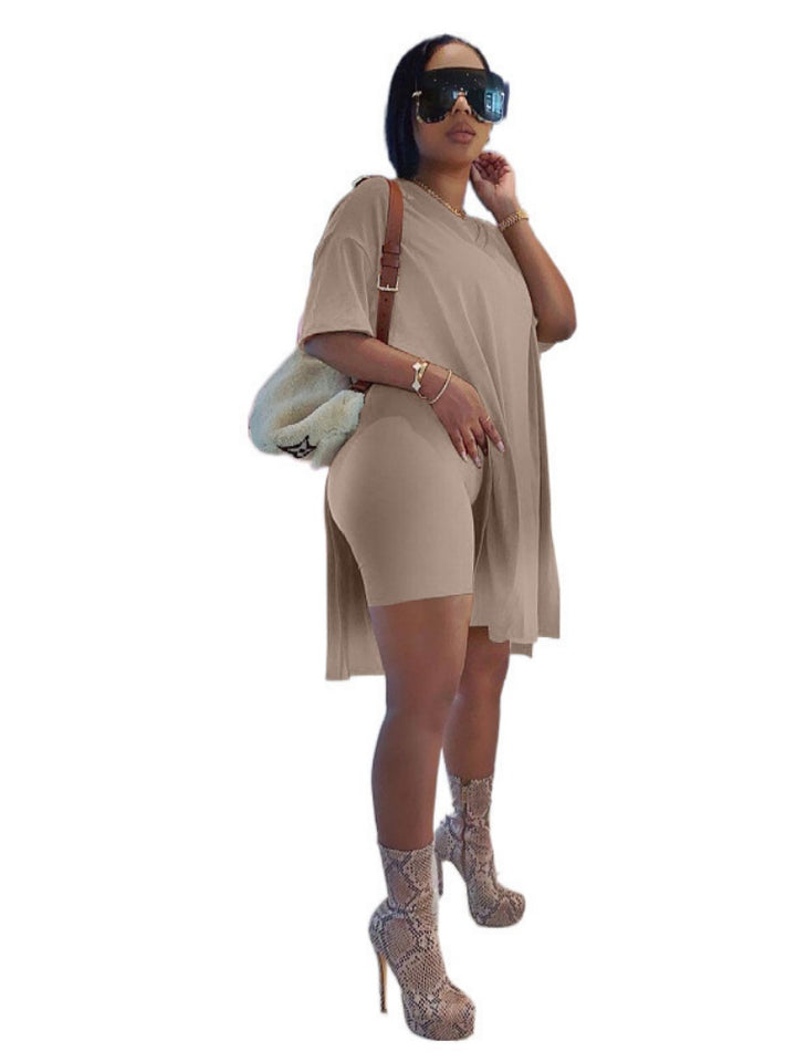 Side-slit long top and shorts two-piece set