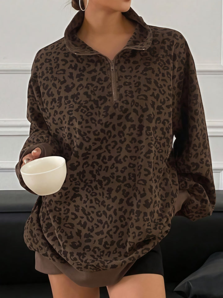 Leopard Print Corduroy Half-Zip Pullover