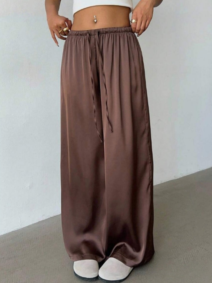 Satin High-Waisted Wide Leg Pants - Elastic Drawstring Flowy Trousers