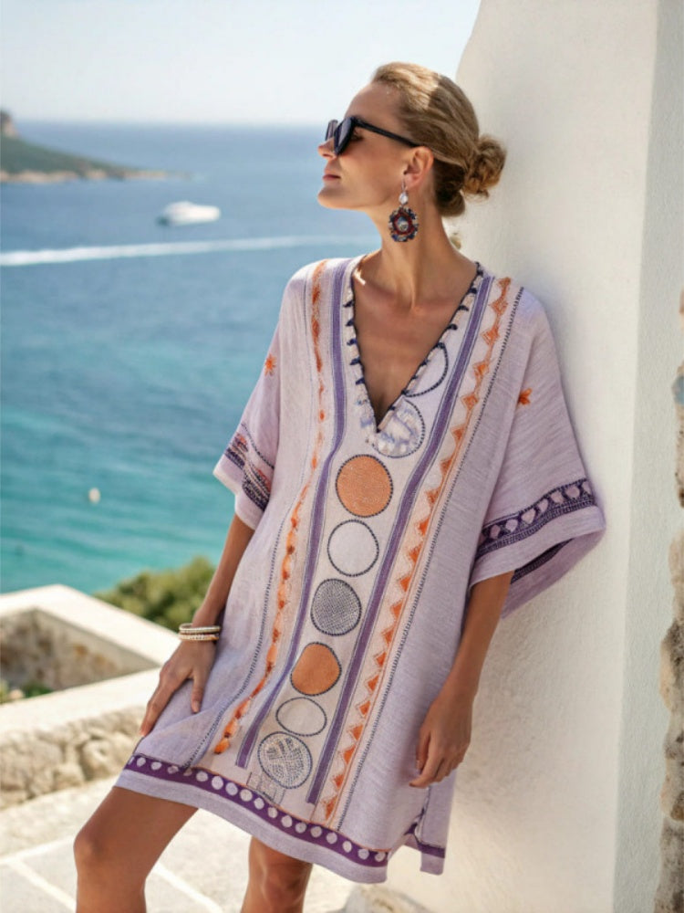 Boho Beach Cover-Up Dress – Lightweight V-Neck Resort Kaftan