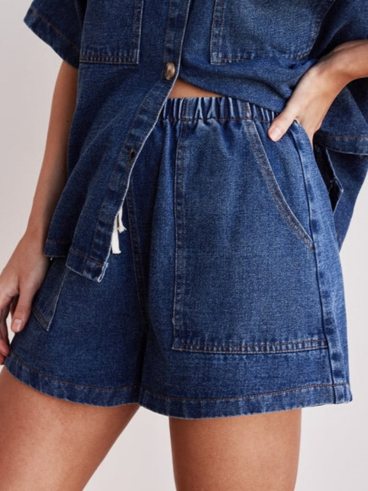 Denim Short Sleeve Shirt &amp; Elastic Waist Shorts Two-Piece Set