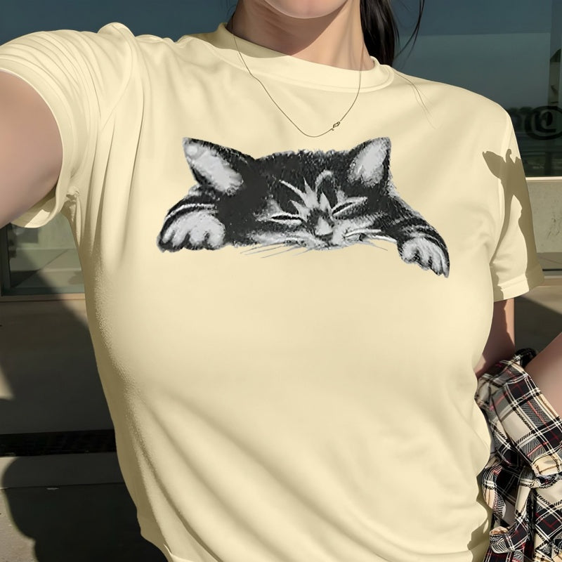 3D Cat Print Cotton Crew Neck T-Shirt - Casual Short Sleeve Tee