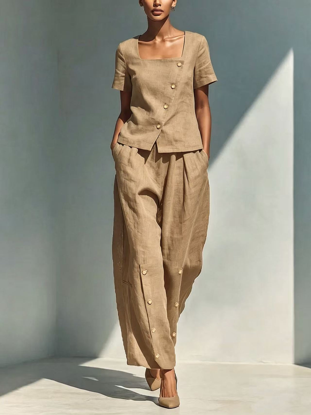 Stylish solid color loose short-sleeved top and high-waisted trousers two-piece set