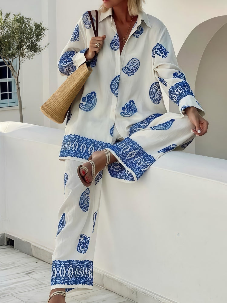 Printed Loose Long-Sleeve Shirt and Pants Two-Piece Set