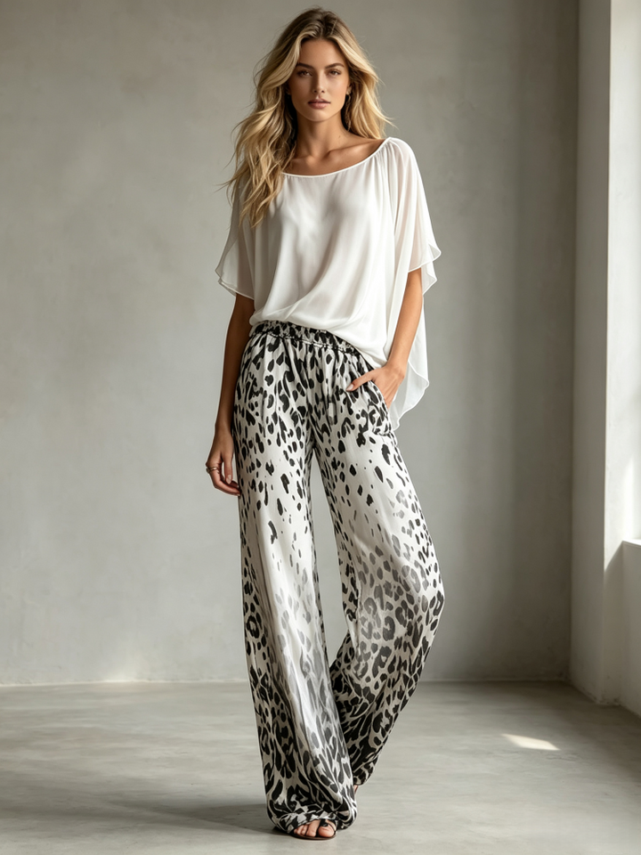 Chiffon top and leopard-print wide-leg trousers two-piece set