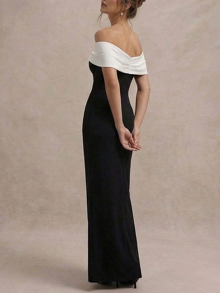 Black and white patchwork off-shoulder bodycon maxi dress