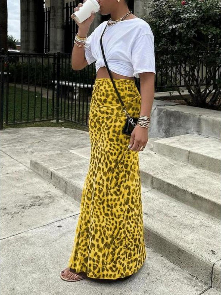Leopard Print Mesh Mermaid Maxi Skirt