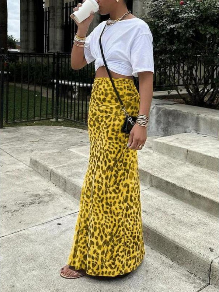 Leopard Print Mesh Mermaid Maxi Skirt